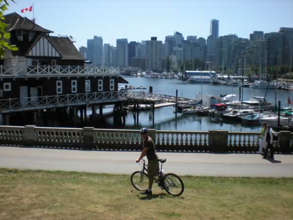 Biking along the seawall in Stanley Park, looking towards the city.