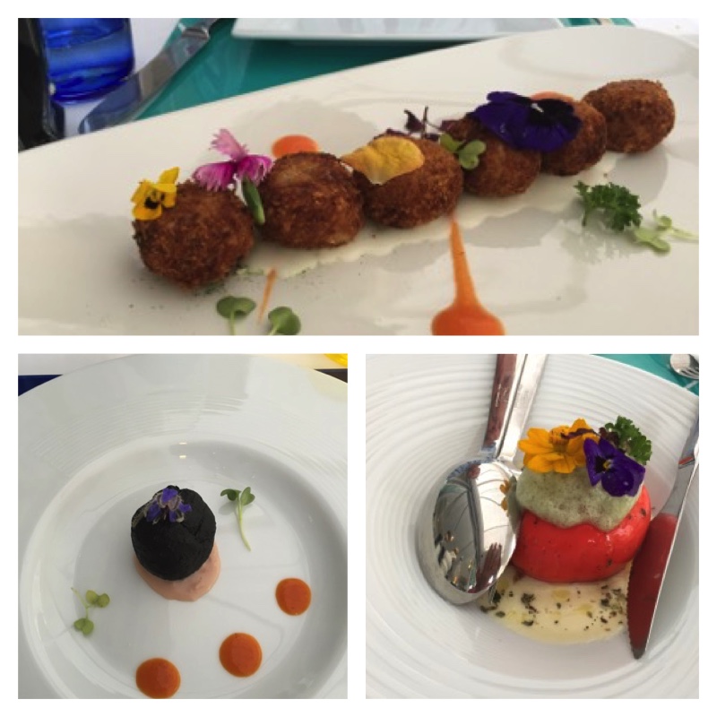 Some of our dishes from our dinner - clockwise from top: grouper fish balls; Caprese "My Way"; cuttlefish and salmon bonbon with red pepper sauce