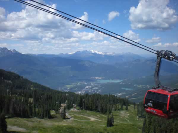 Descending Whistler Mountain as another Peak 2 Peak tram ascends.