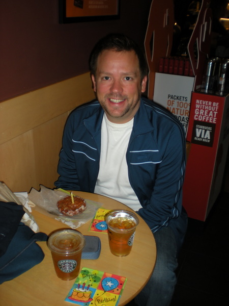 We started the day with a quick breakfast. Clint put a candle in my apple fritter and brought along some birthday napkins.