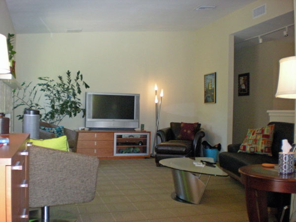 Looking from the dining room into living room